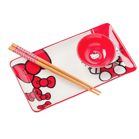 Hello Kitty Red and White Classic Boxed 3-Piece Ceramic Sushi Set, Silver Buffalo, Adults & Teens