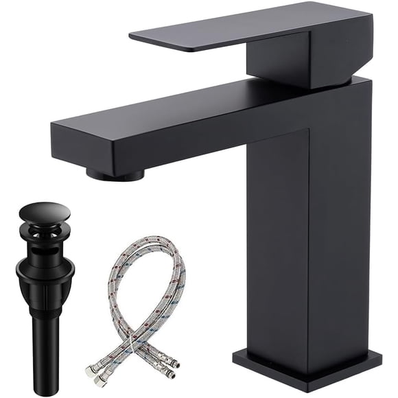 Robinet de Salle de Bain Noir Mat, Robinet de Lavabo de Salle de Bain à une Poignée, Robinet de Salle de Bain en Acier Inoxydable avec Bonde à Pression, Robinet de Salle de Bain à 1 Trou pour VR, Caravane, Ferme, Toilette, Bar, Fourgonnette