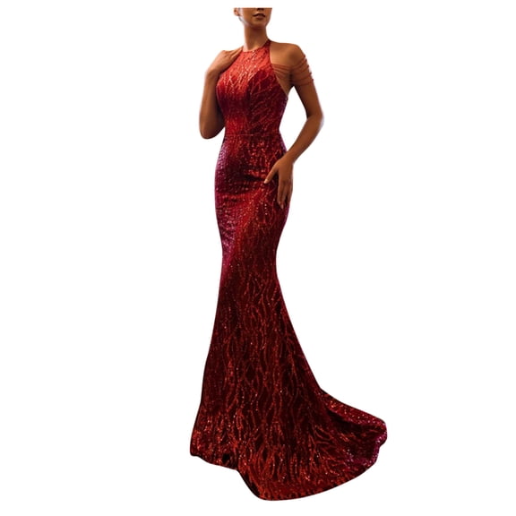 KaLI_store Formal Dresses Women's Elegant Bridesmaid Dresses Long Sleeves Formal Evening Gown Party Dress Red,L