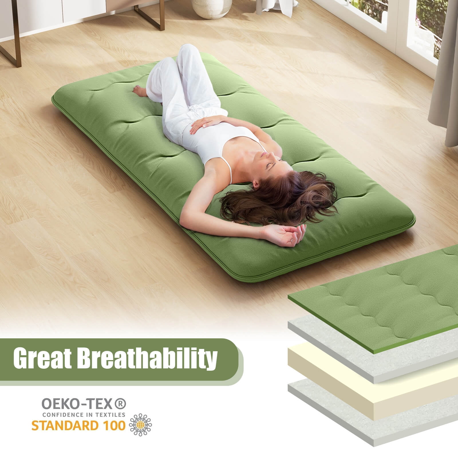 Costway Twin Futon Mattress Japanese Floor Sleeping Pad Washable Cover Carry Bag Green