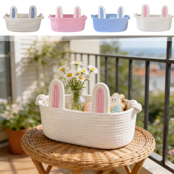 FEOLGEHLY Easter Bunny Basket with Rabbit Ears and Small Handle, Foldable Woven Cotton Rope Storage Bin for Easter Egg Hunt Decor Spring Home Organization Indoor Outdoor Decorations, Blue White