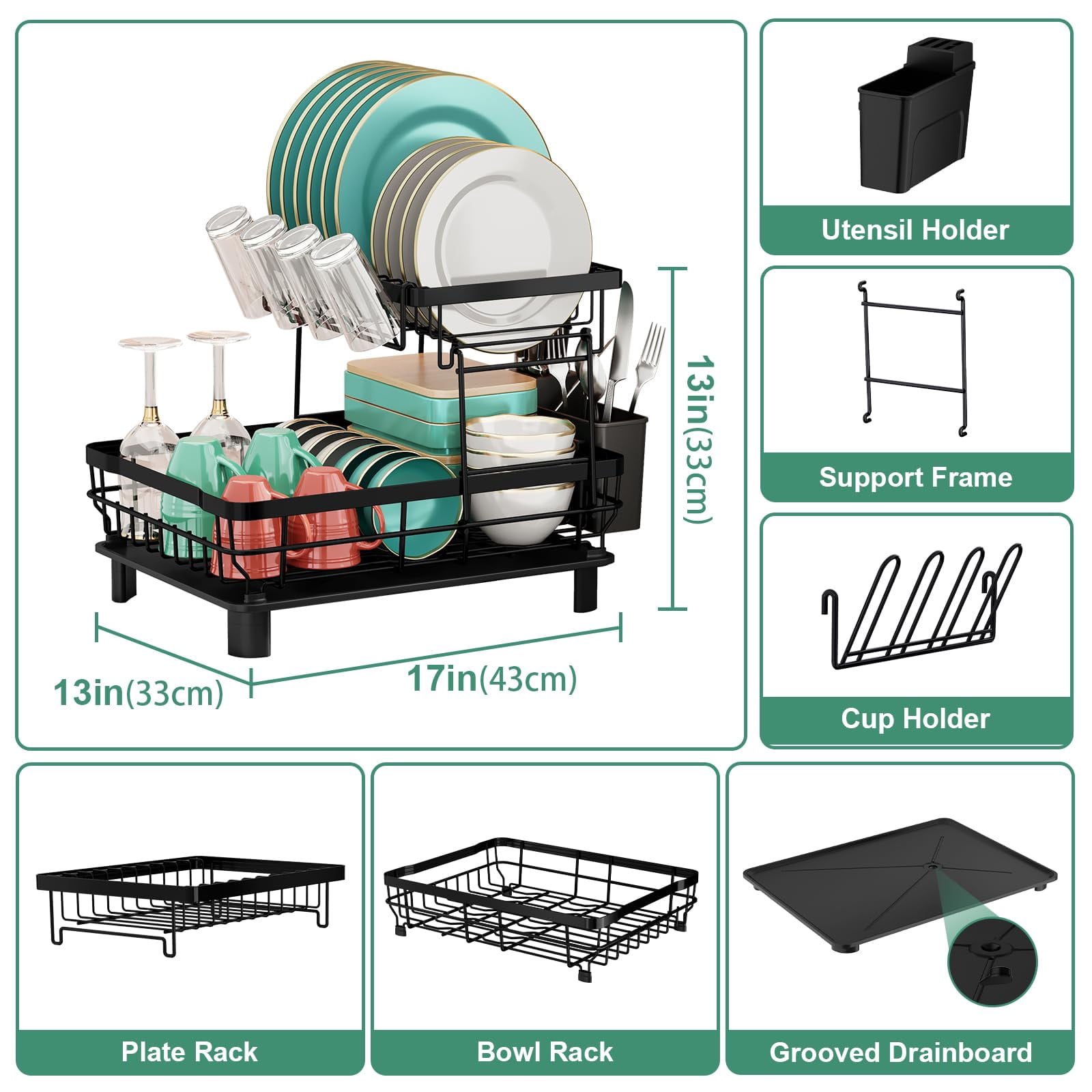 Dish Drying Rack  Stainless Steel Racks For Kitchen Counter Drainer With Removable Utensil Holder Drainboard (black 2 Tier 13''w X 17''l)