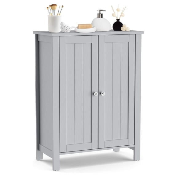 Drevy Bathroom Floor Cabinet - Freestanding Side Storage Organizer with Double Doors & Adjustable Shelf, Wooden Storage Cabinet for Living Room, Bedroom, Kitchen, Entryway (Grey)