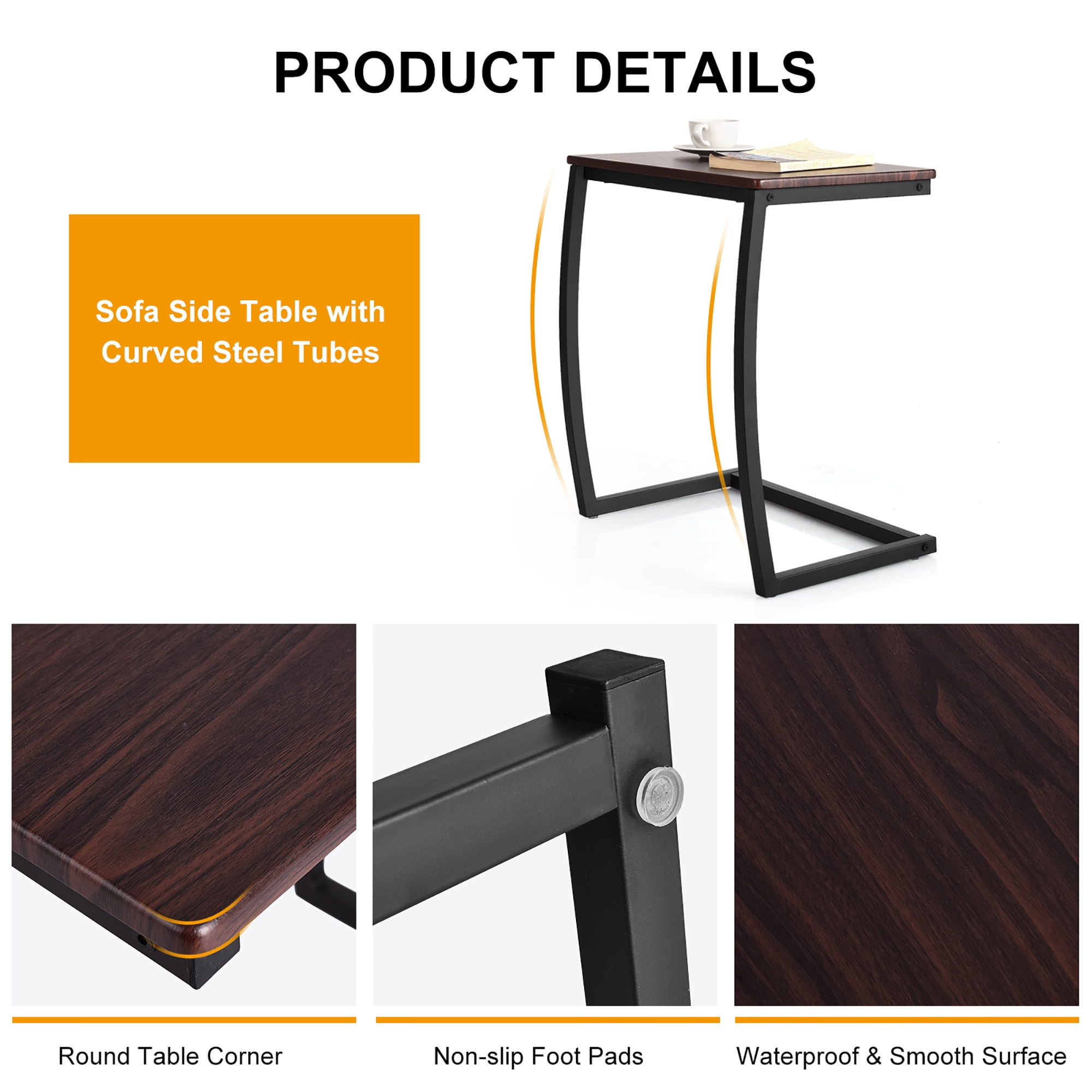 Costway Sofa Side End Table C-shaped Coffee Tray Laptop Snack Stand with Steel Frame