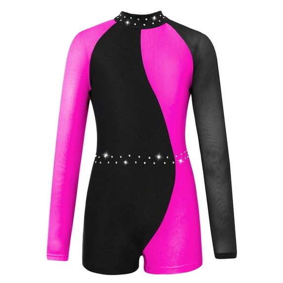 YIZYIF Girls Shiny Rhinestones Collar Long Sleeve Dance Leotard Gymnastics Zipper Back Unitard Biketard