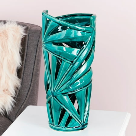 Style Ceramic Vase - CosmoLiving Modern Style Large Green Ceramic Vase with Palm Leaf Silhouette | 8” x 16”