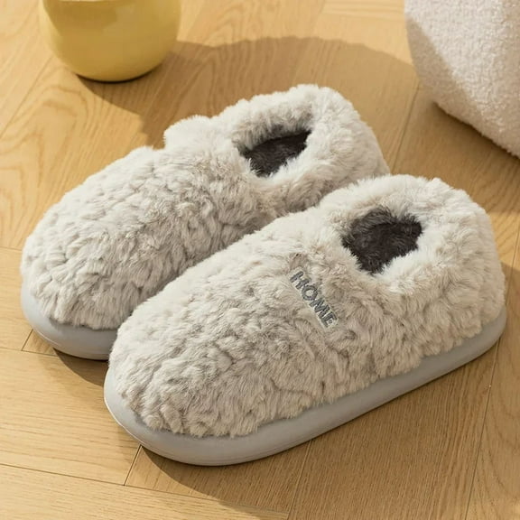 Winter New Plush Fluffy Slippers Women Warm Slip Non Thick Sole House Casual Shoes Woman Comfortable Soft Fur Indoor Home Slides (Gray,44-45)