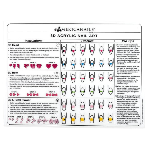 Americanails Tapete de entrenamiento de acrílico 3D para uñas – Hoja de entrenamiento de silicona para diseño de uñas acrílicas 3D – Instrucciones y diagramas paso a paso – Crea corazones, lazos y flo