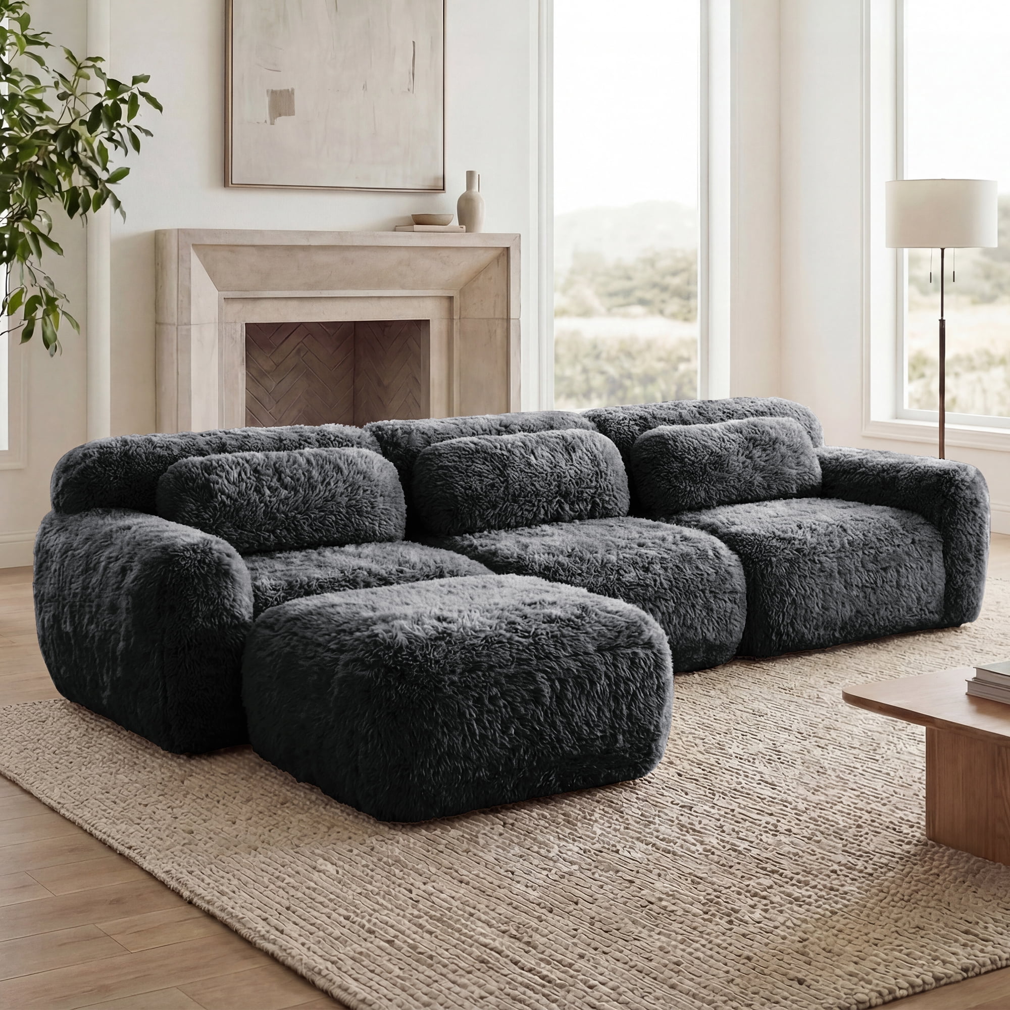 Anpport 114'' L-shaped Modular Sectional Sofa Couches, Soft Fluffy Plush Fabric with Throw Pillows, A Movable Ottoman, for Living Room, Apartment & Bedroom, Drak Grey