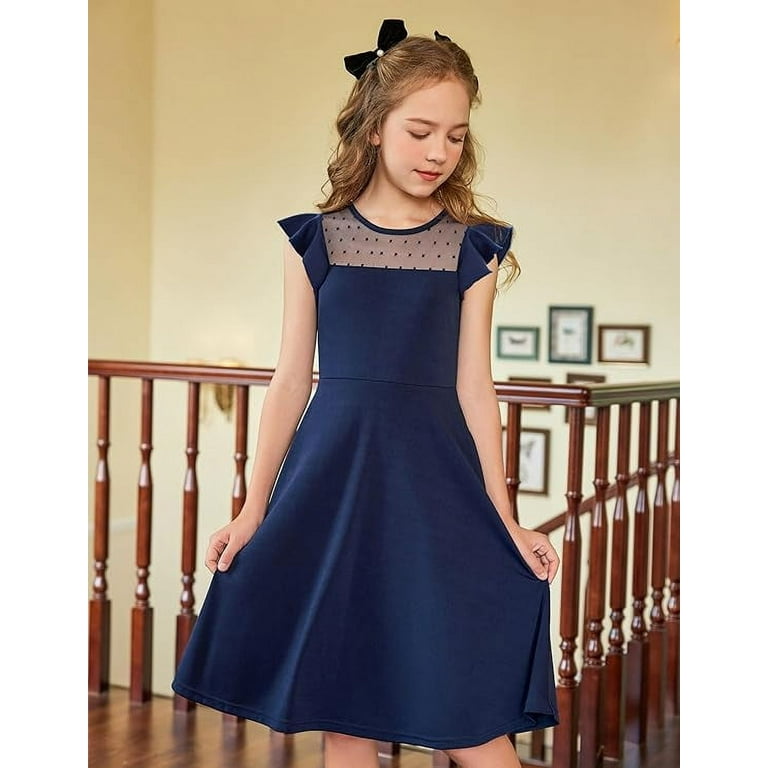 Oudiya Girls Summer Navy Blue Dress Ruffle Sleeve Mesh A Line Casual Party Dresses with Pockets 6 13 Y Walmart