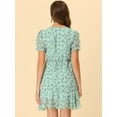 thumbnail image 3 of INSPIRE CHIC Women's Floral Puff Sleeve V Neck Drawstring Ruched Ruffle Dress Green XL, 3 of 4