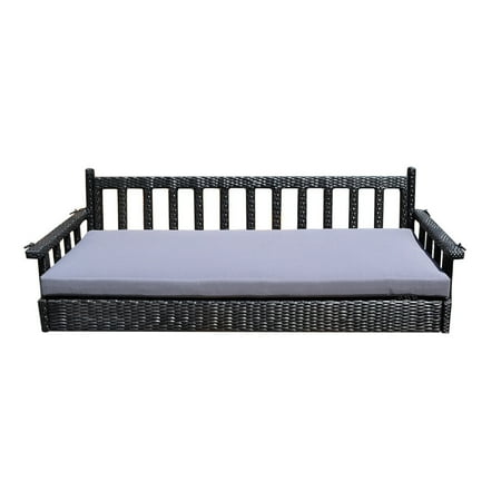 Round Wicker Porch Swing Bed Style 21 Black 78'' Patio Porch Swing Bed Chair Resin Wicker Tree Ceiling Hanger Hanging W/Chains ()