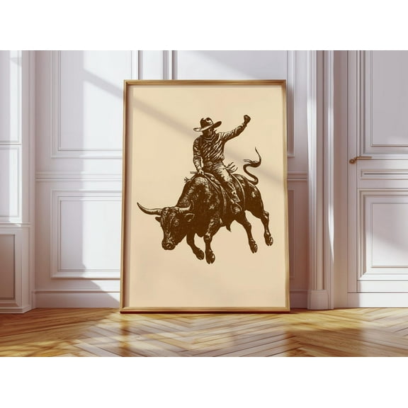 Cowboy Bull Riding Print – Rustic Rodeo Wall Art, Western Silhouette Decor, Country Cowboy Poster, Ranch Style Vintage Illustration Wall Art, Modern Wall Decor, 8x12 UNFRAMED