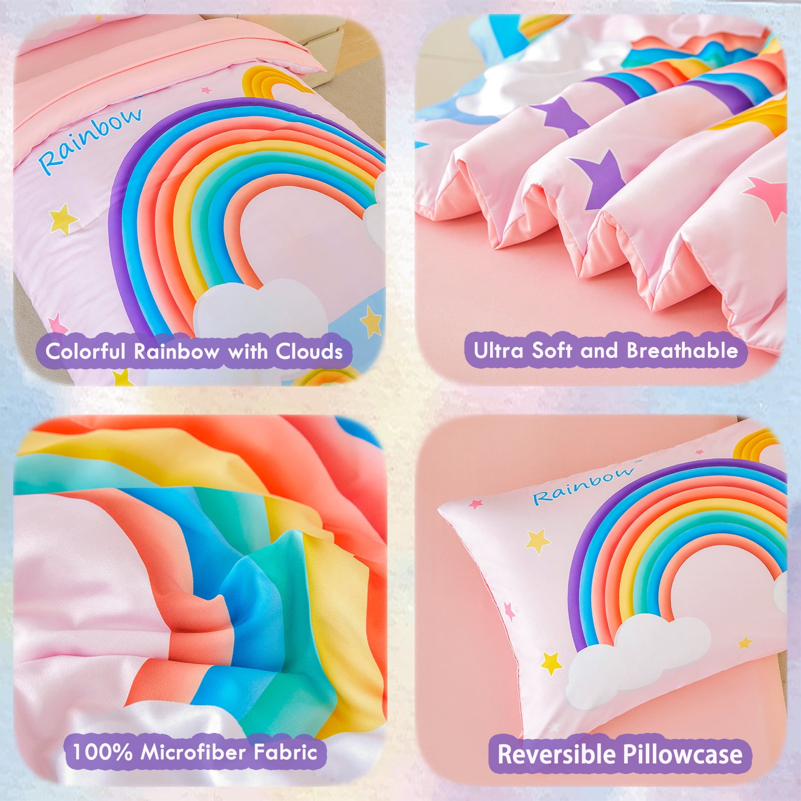ZRNBAST 4 Piece Toddler Bedding Set for Girls, Cartoon Stars Rainbow Comforter Set, Includes Comforter, Flat Sheet, Fitted Sheet and Pillowcase, Pink