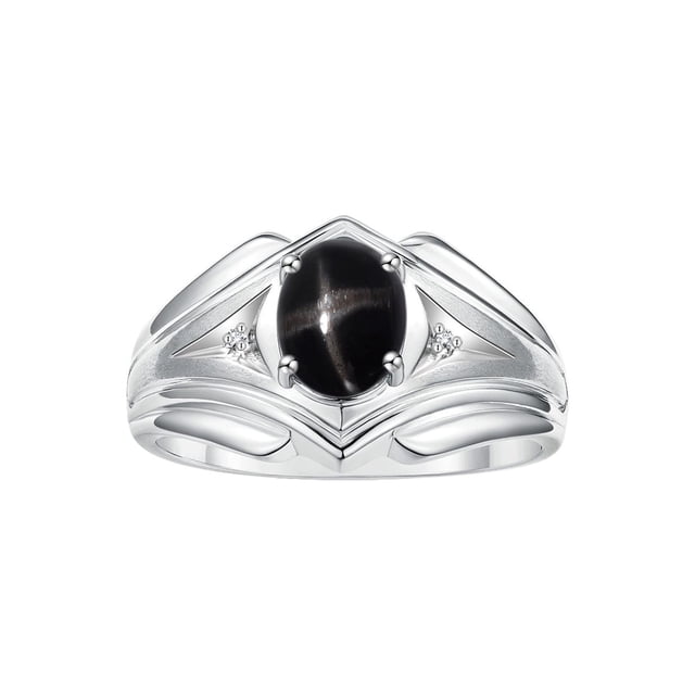RYLOS Men's Rings Sterling Silver Rings Classic Designer Style 9X7MM Gemstone & Diamond Ring Black Star Sapphire March Birthstone Rings For Men, Size 11
