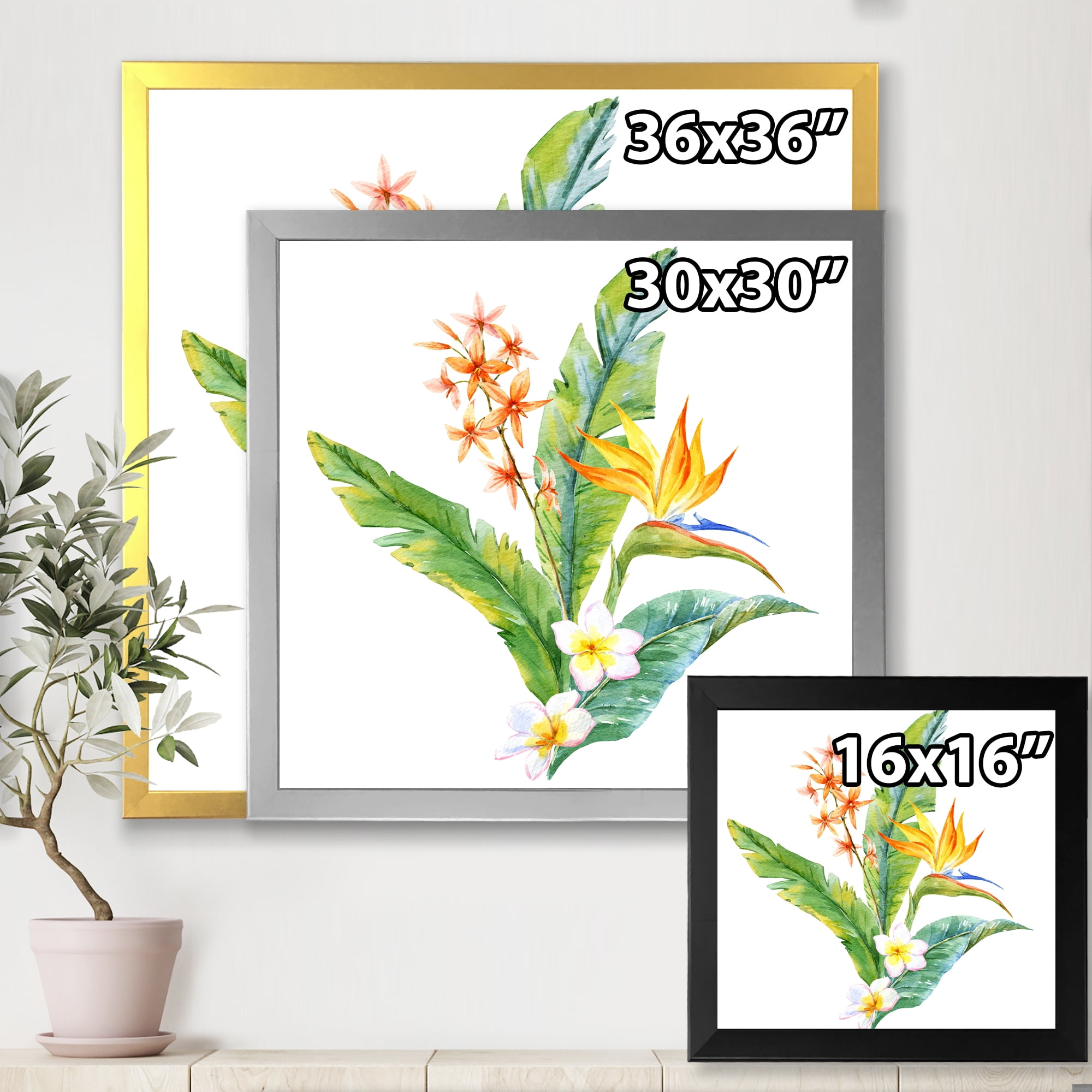 Designart 'Green Leaves With Tropical Yellow Flowers I' Traditional Framed Art Print