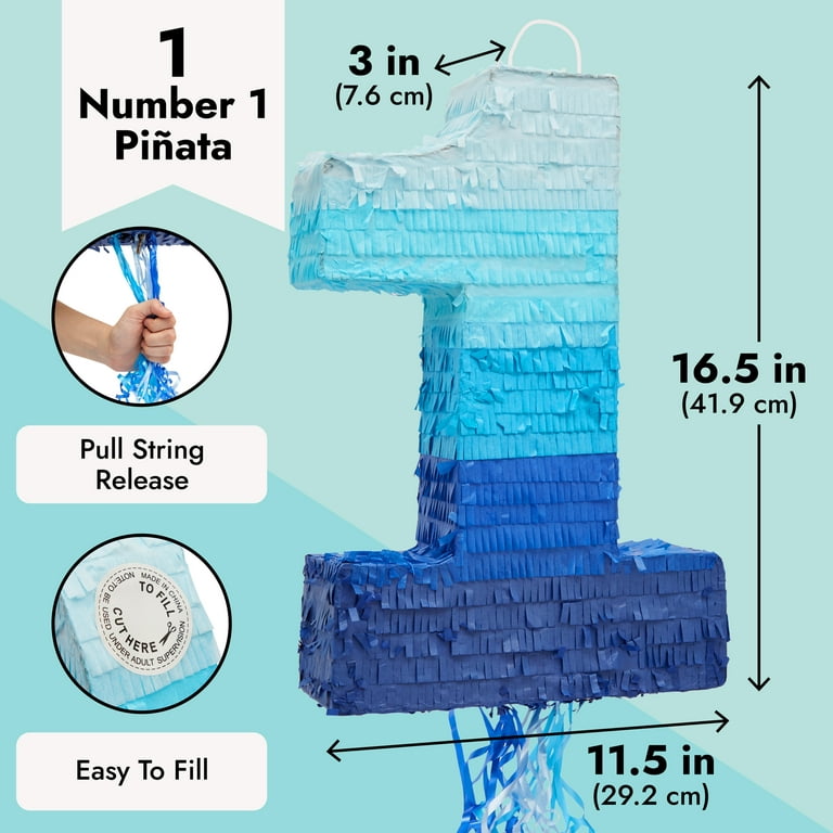 Blue Number 1 Pull String Pinata for Boys 1st Birthday Party (Ombre, 16.5 x 11 x 3 in)