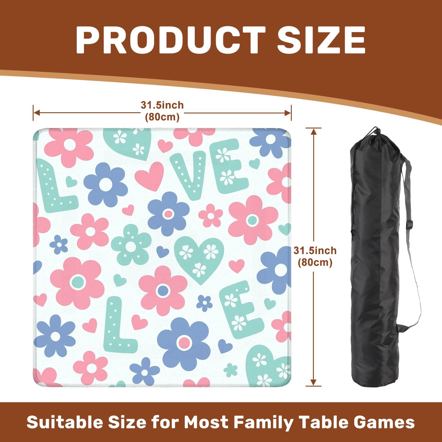 Mahjong Mat 31.5" x 31.5" Colorful Love Flowers Hearts Pink Blue Non-Slip Noise Reduction American Mahjong Tiles Table Cover for Dominoes Poker Card Board Games Gift