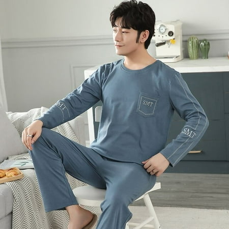 

DanceeMangoo Mens Pajamas Set Autumn Winter Leisure Elastic Waist Men Sleepwear Set Cotton Mens Long Sleeve Nightwear Loose Homewear Cloth