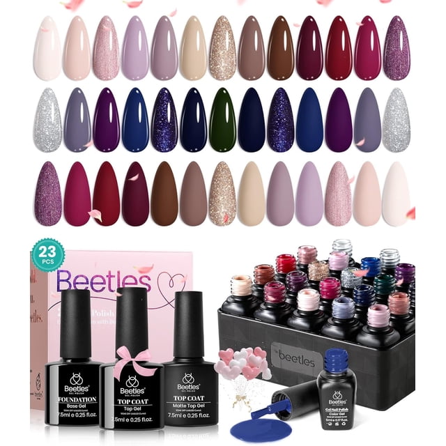 Set de esmaltes de uñas en gel Beetles, 20 colores, con base y capa superior