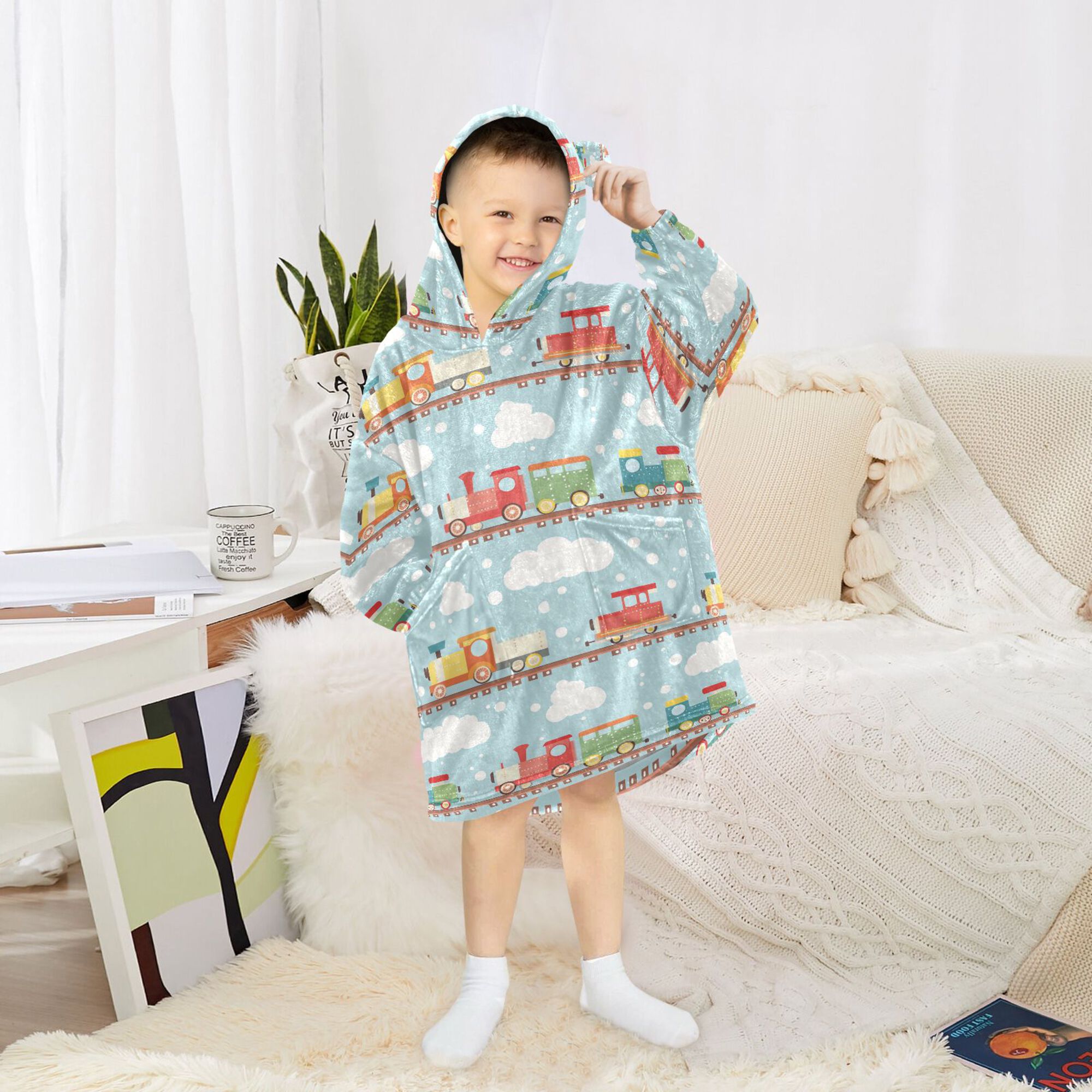 FORMRS Wearable Blanket Hoodie with Sleeves for Kids Cozy Flannel Sweatshirt, Red Trains Pattern