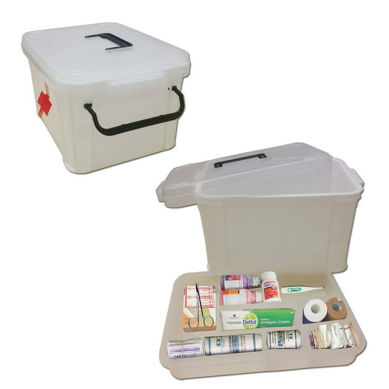 first aid kit with clear cover, black handles removable inner tray