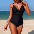 thumbnail image 5 of Women's Swimsuits One Piece Mesh Ruched V Neck Sexy Bathing Suits Slimming Halter String Swimsuit High Cut Gym Outfits Black S, 5 of 7