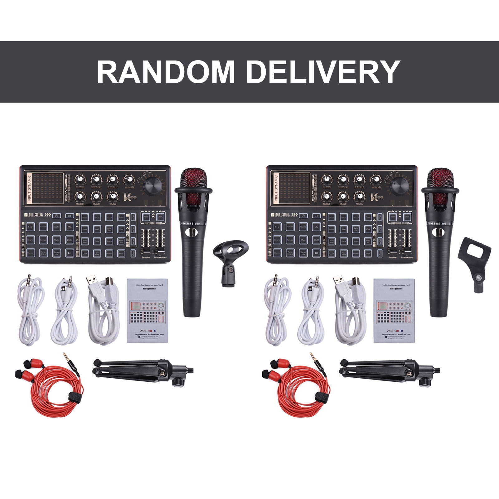 SK300 Live Audio Mixer Sound Card Kit with Voice Changer - Includes Microphone, Mic Stand, and Earphone, Built-in Rechargeable Battery, Multiple Sound Effects for Live Streaming and Music Recording