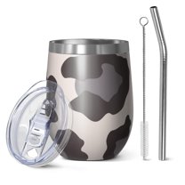 12oz Stemless Wine Tumblers Beige and Black Of Leopard Print Vacuum Insulated Stainless Steel Travel Tumbler Cups Mug with Lid and Straw for Champaign,Cocktail,Beer with Cleaning Brush