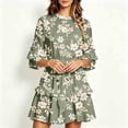 thumbnail image 4 of Fesfesfes Women's 3/4 Sleeve Ruffle Dress Round Neck Elastic Waist Tiered Mini Dress Casual Summer Work Vacation Abstract Print Short Dresses, 4 of 6