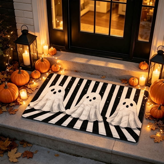 Halloween Three Ghost Welcome Mat, Black and White Striped Non-Slip Entryway Rug, Autumn Decorative Door Mat for Indoor Outdoor Porch Patio Hallway and Seasonal Decor, A