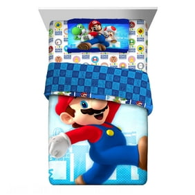 Super Mario Kids Twin Full Bed in a Bag, Gaming Bedding, Comforter and Sheets, Blue, Nintendo
