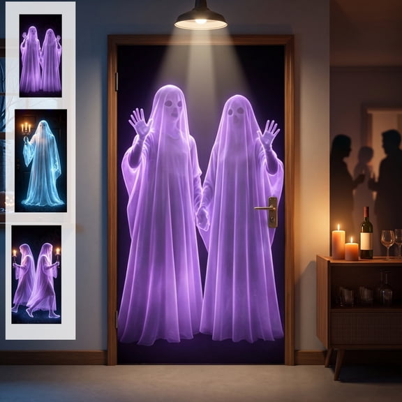 Yyuenw Halloween Door Cover 35x72 Inch, Ghost Curtain for Front Door, Spooky Polyester Wall Hanging Party Decoration