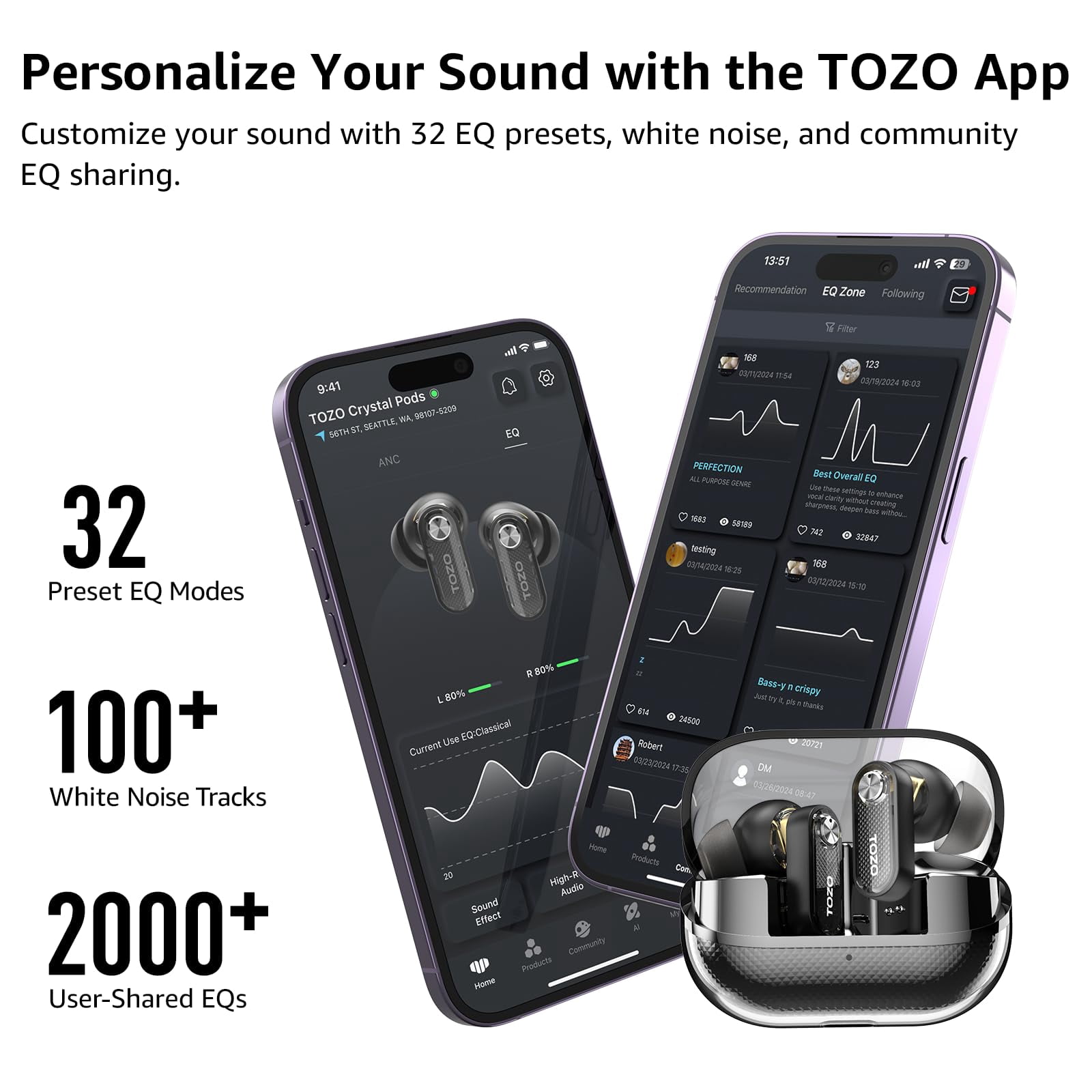 TOZO AI Translation Hybrid Active Noise Cancelling Earbuds, 100+ Languages, 70H, Smart ENC AI Calls, Stereo Bass with App-32EQ, IPX5 Waterproof Bluetooth 5.4 Headphones, Sleek Transparent Design