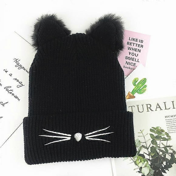 Winter Hats Cute Cat Ear Hat With Embroidered Warm Knit Crochet Ski Cap