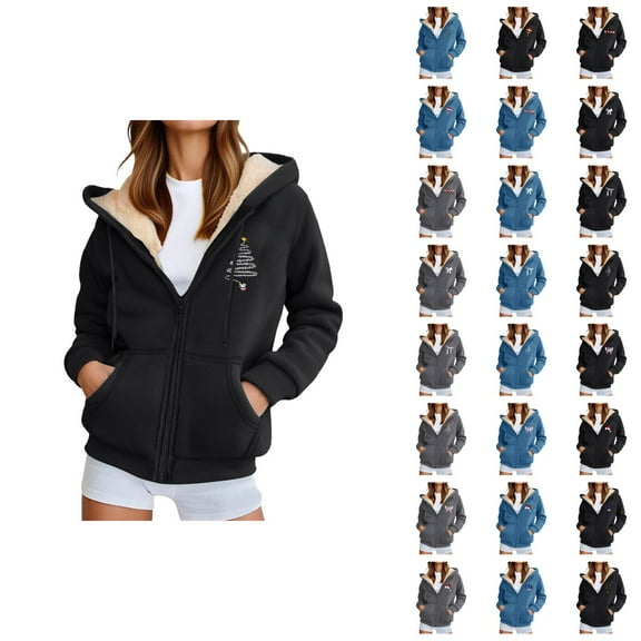 Christmas Zip Up Hoodies for Women 2025 Long Sleeve Fleece Lined Xmas Hooded Sweatshirt with Pockets Jacket Coat