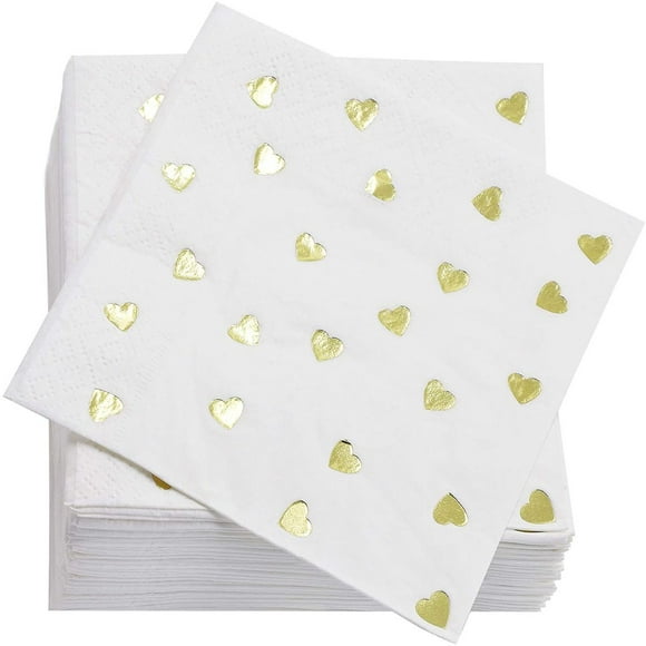 Serviettes de Cocktail Cœur Doré (50 Pack) 5 X 5 Pouces, Feuille d'Or