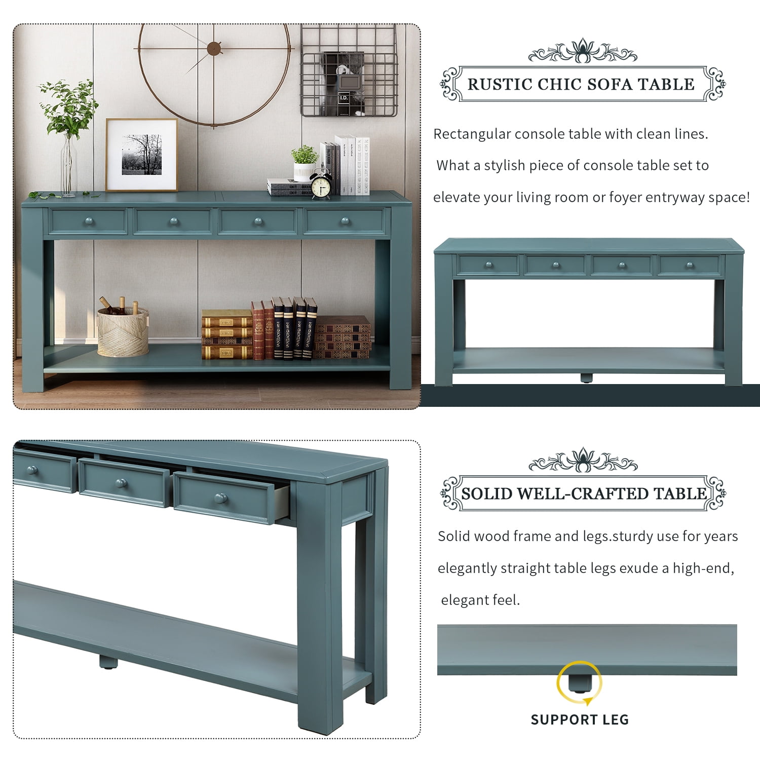 Private Jungle 60" Long Console Table for Entryway Hallway Sofa Table with Storage Drawers and Bottom Shelf,Retro Blue Private Jungle 60" Long Console Table for Entryway Hallway Sofa Table with Storage Drawers and Bottom Shelf,Retro Blue