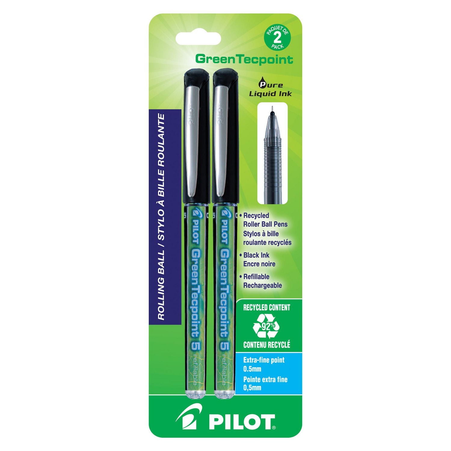 GreenTecpoint Liquid Ink Rollerball Pens - Black, Extra-fine 0.5mm point, 2-pk