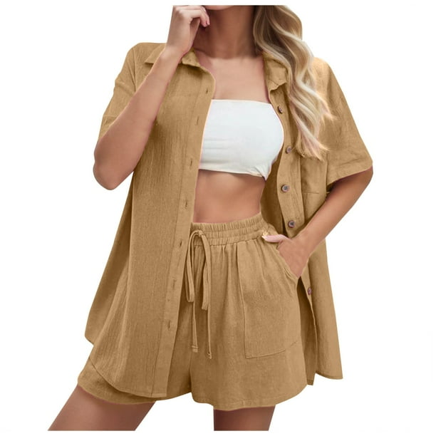 Conjunto de 2 piezas para mujer con camisa con solapa y pantalones cortos: color liso, traje informal de verano, poliéster, corte ajustado, tallas S-XL, ropa para vacaciones/fiestas