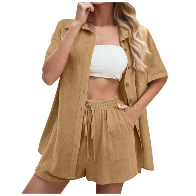 Conjunto de 2 piezas para mujer con camisa con solapa y pantalones cortos: color liso, traje informal de verano, poliéster, corte ajustado, tallas S-XL, ropa para vacaciones/fiestas