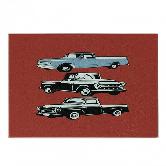 Truck Cutting Board, Vintage Pickup Vehicle Designs on Abstract Ruby Background Inner City Transport, Decorative Tempered Glass Cutting and Serving Board, Small Size, Ruby Blue White, by Ambesonne