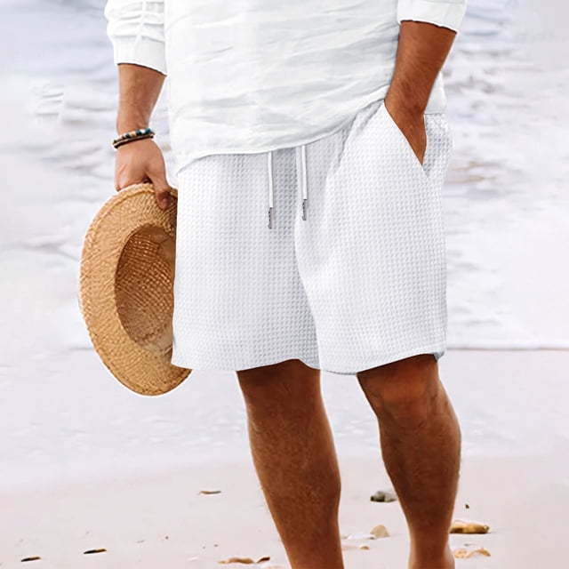 RKSTN Swim Shorts for Mens Waffle Solid Color Elastic Waist Drawstring Casual Versatile Beach Vacation Board Shorts with Pockets