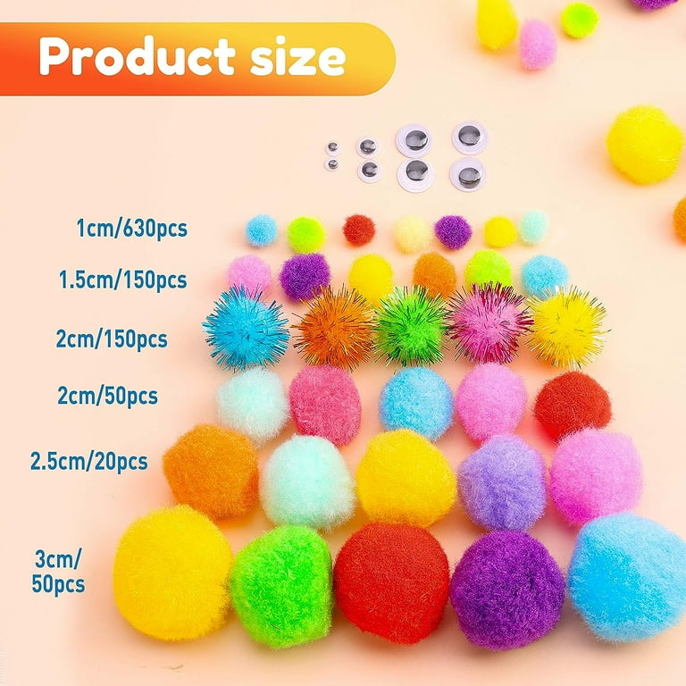 1050Pcs Multicolor Pom Poms & Wiggly Eyes, Assorted Sizes