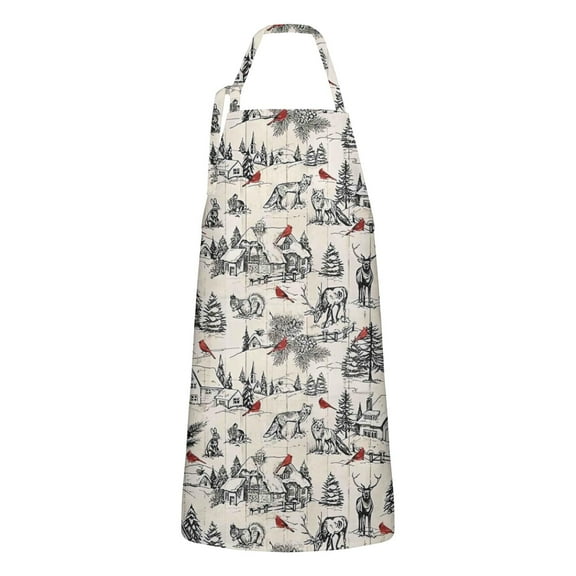 Beige Christmas Winter Scene Apron-Garden Aprons for Women with Pockets-Cotton Linen Waterproof Kitchen Cooking Gardening Aprons Adjustable for Kitchen,Cooking,BBQ and Salon 32"x27"