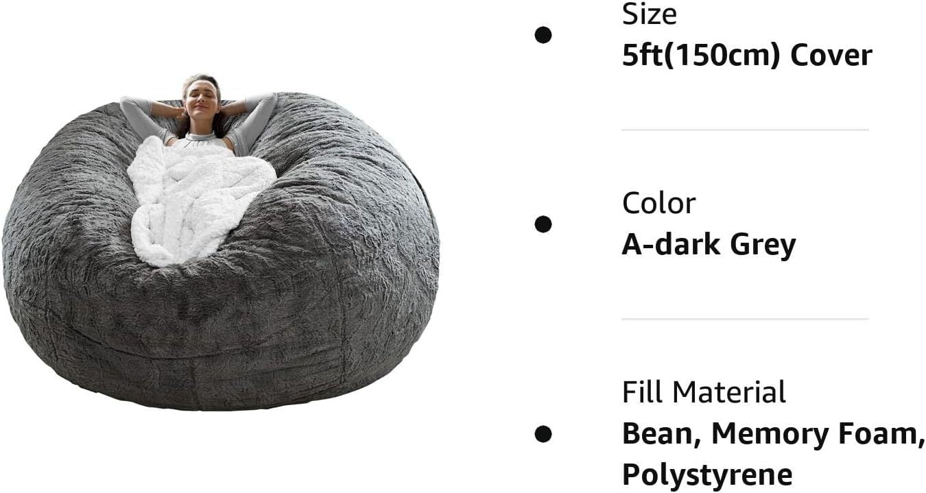 SHANNA Bean Bag Chair Cover Big Round Soft Fluffy Velvet Lazy Sofa Bed  Cover (Cover only,No Filler),6ft, Light Gray 