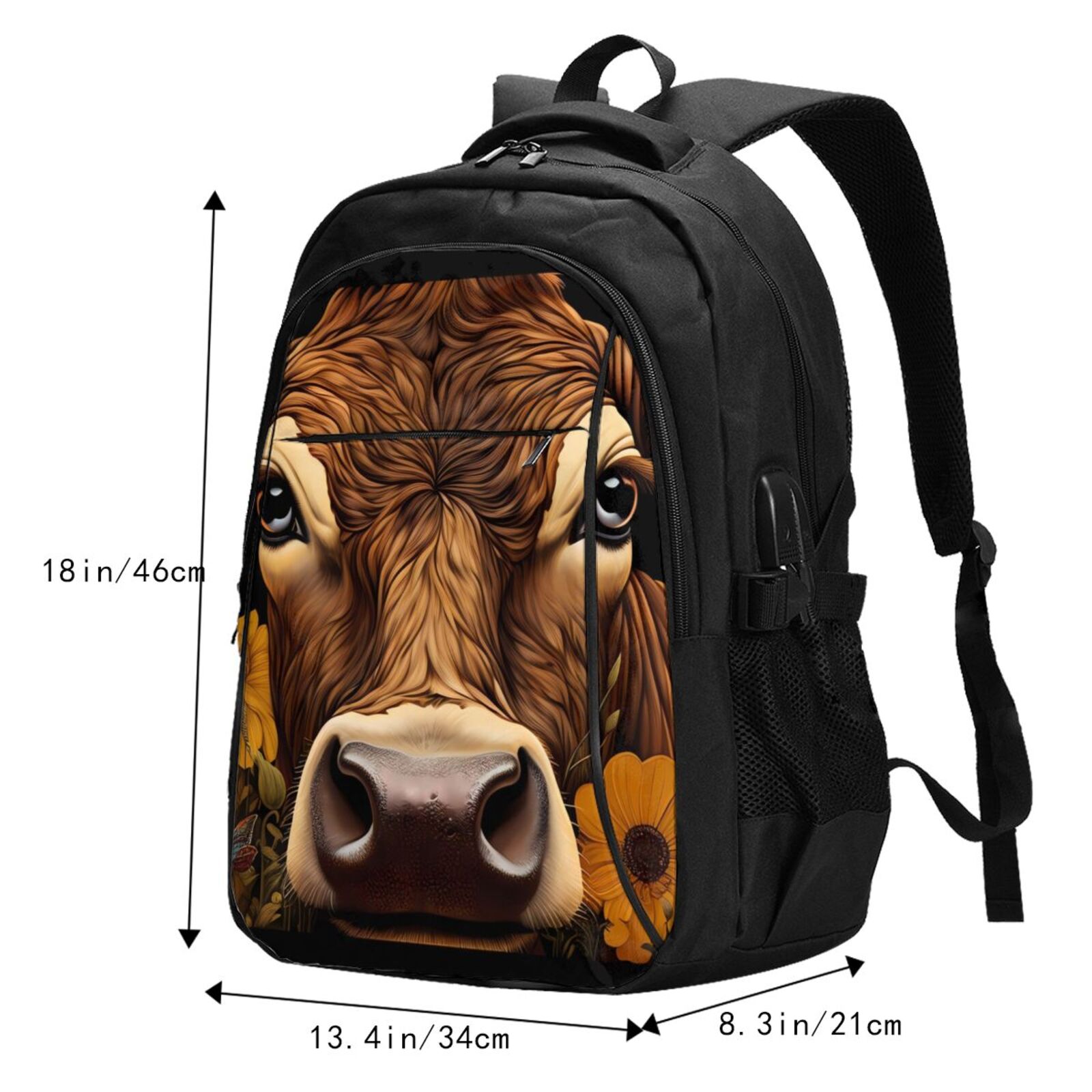 Vsdgher Sunflower Butterfly Cow Print Travel Laptop Backpack, Laptops Backpack with USB Charging Port, Water Resistant Computer Bag Gift for Men & Women