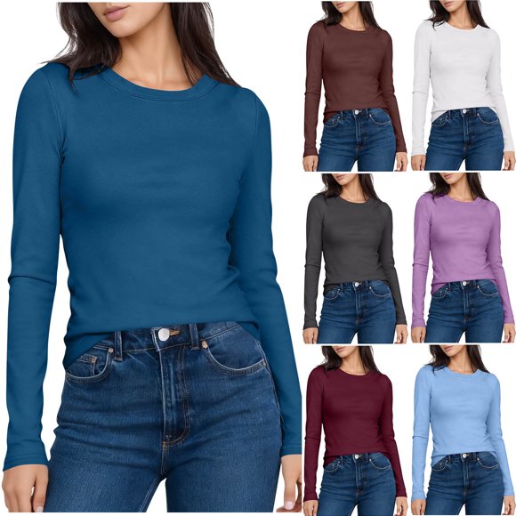 Yuyuzo Chandails à Manches Longues pour Femmes Col Ras du Cou Ajustés Couche de Base T-Shirts Couleur Unie Confortables Automne Vêtements de Base