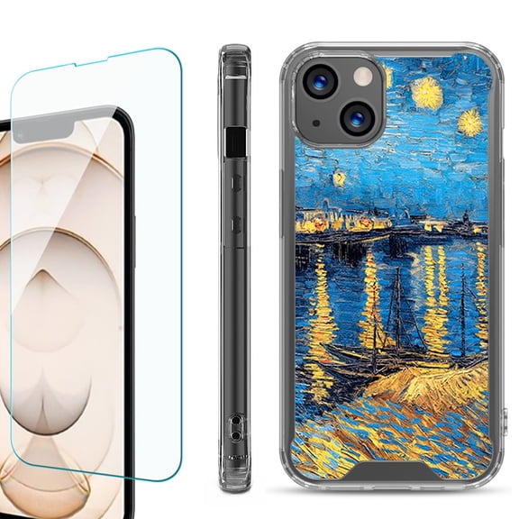 Shockproof Bumper Phone Case for iPhone 13, with Tempered Glass Screen Protector, by OneToughShield ® - Starry Night Rhone