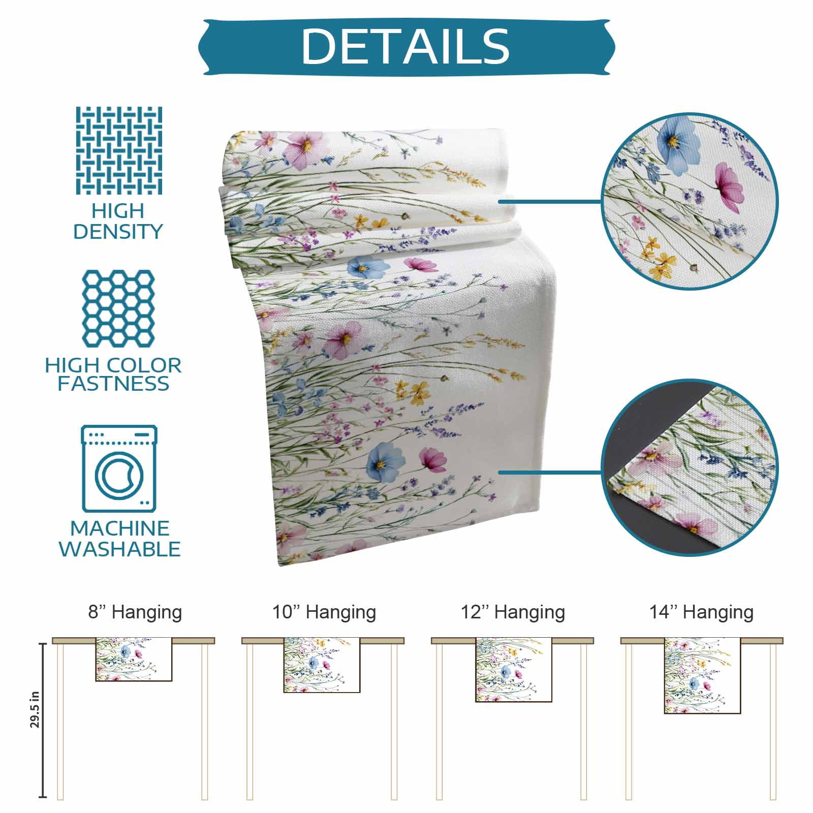 Hokiten Table Runners 108 Inches Long Dress Scarves, Spring Floral Farmhouse Coffee/Dining/Kitchen Table Runner for Living Room, Colorful Botanical Wildflower Summer 13x108 Inch